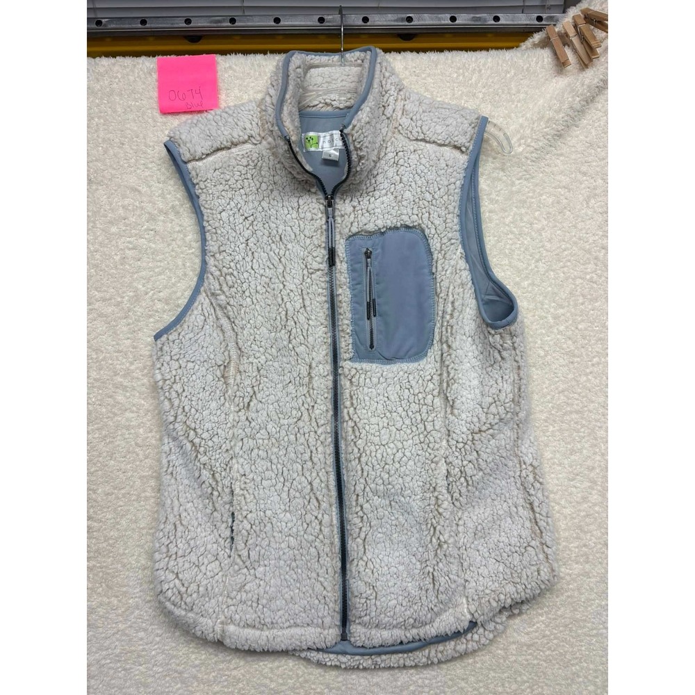 Halcyon Womens Sherpa Fleece Vest Cream Light Blue Full Zip Mock Neck Small